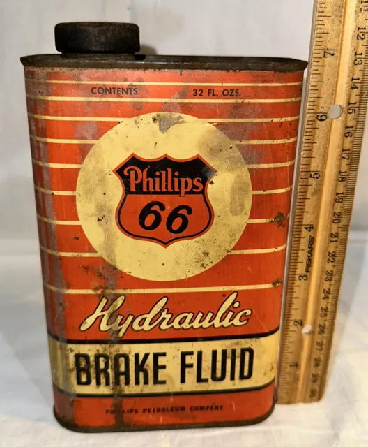 Antique Phillips 66 Tin Litho Brake Fluid Can Gas Motor Oil Petroleum Company