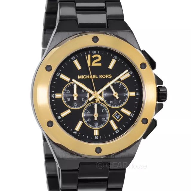 Michael Kors Mens Lennox Chronograph Watch Black Gold Dial Stainless Steel Band