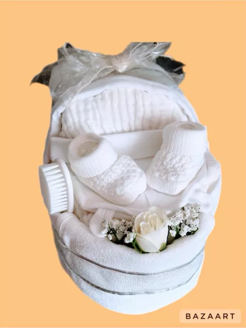 Pram torta pannolino bianco, cerotto regalo bambino, regalo baby shower, regalo bambino unisex