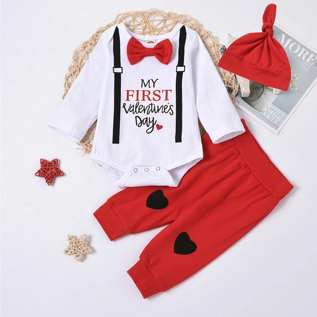 Pantaloni rompenti neonato neonato bambino bambine il mio 1 ° San Valentino + cappello 3 pezzi abiti