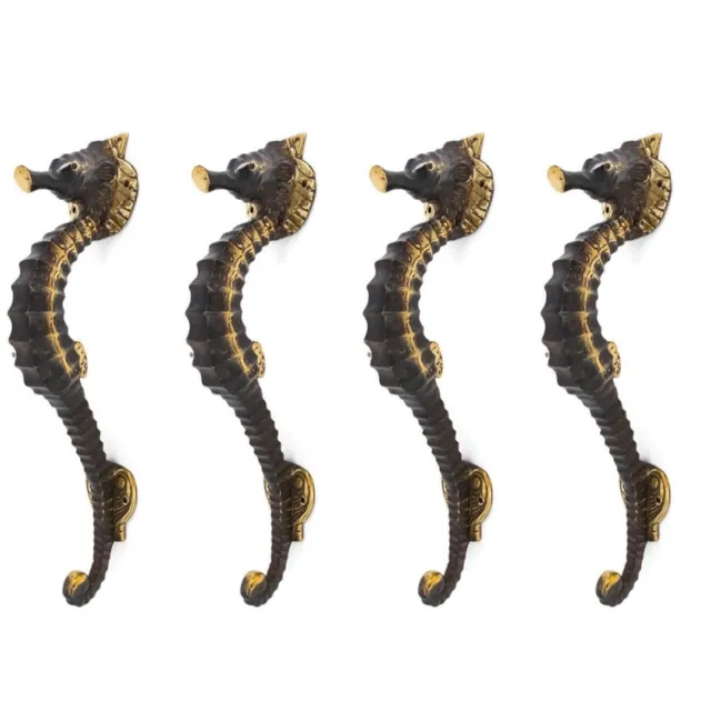 4 small SEAHORSE solid brass door AGED old style house PULL handle 10" hollow B