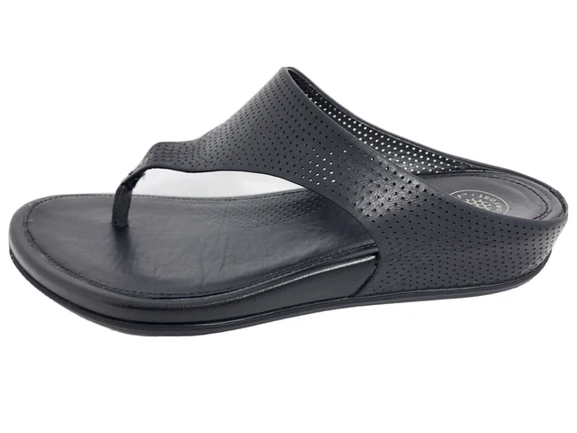 FITFLOP E19-090 Banda Perforated Comfort Thong Black Leather Sandal Women’s Sz 6