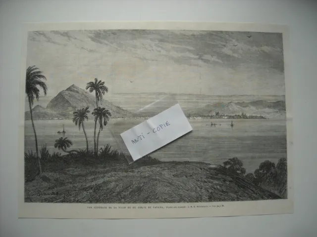 Gravure 1869. Vue Generale Ville Et Du Golfe De Panama.  Aquarelle Hildebrandt..