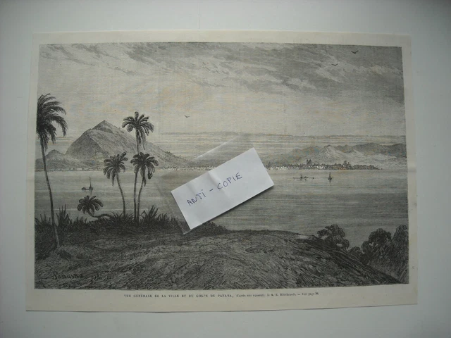 Gravure 1869. Vue Generale Ville Et Du Golfe De Panama.  Aquarelle Hildebrandt..