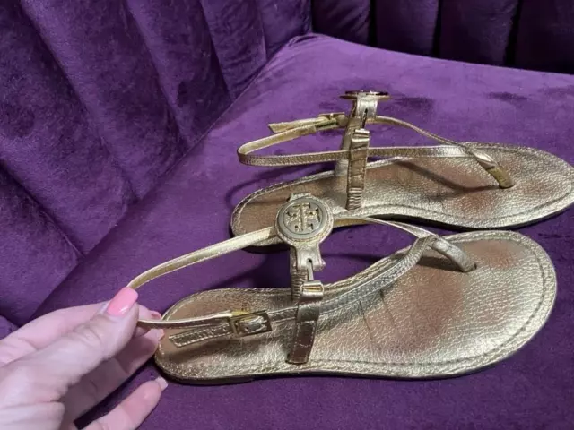 WOMENS LADIES TORY Burch Metallic Gold Strappy Leather Sandals Size 7.5 ...
