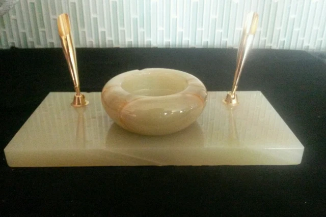 Vintage French Chamonix Desk Set onyx and golden metal mid-1900's
