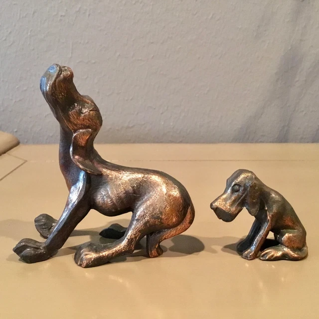 Howling Hound Dog and Puppy Bronze Cast Metal Paperweight Figurines Vintage