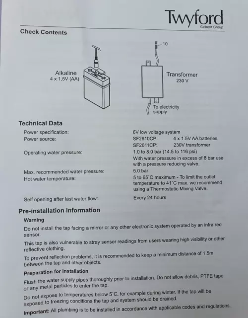 Twyford Sola Infra Red Monobloc SF2610CP & SF2611Cp Bathroom Tap New Boxed & Ins 3