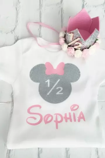 Personalised Girls Half Birthday Set & Crown Baby Pink Silver Minnie Six Months