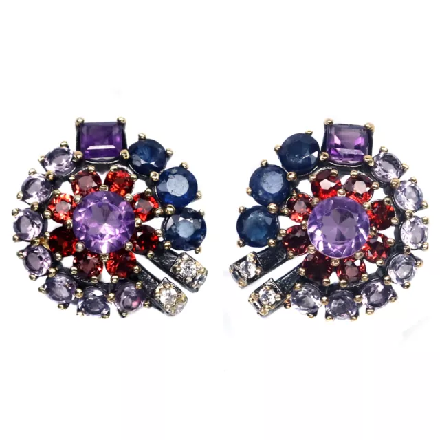 Unheated Pink Amethyst, Garnet, Sapphire & Zircon Earrings Silver 925 Sterling