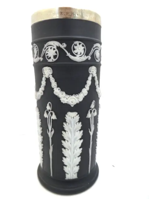 Wedgwood Classic Black Jasper Ware Spill Vase Epns Silver Rim