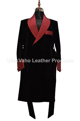 Noir Hommes Fumer Long Robes de Chambre Luxe Matelassé Créateur Revers Manteaux