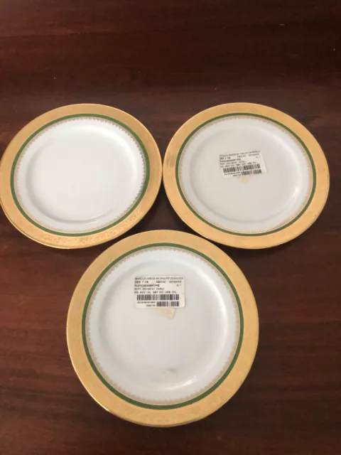 LIMOGES (3) PHILIPPE Deshoulieres Marquis Green 7 1/8” Dessert Plates. EUC