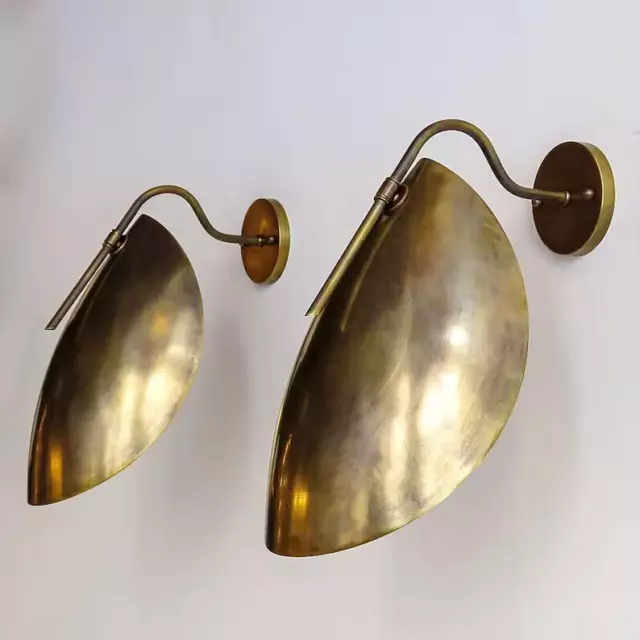 Set Of 2 Mid-Century Italian Brass Wall Sconce with Handmade Curved Disk Shades