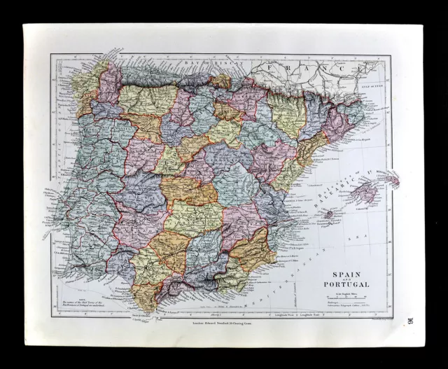 1885 Stanford Map Spain Portugal Lisbon Porto Madrid Toledo Barcelona  Antique