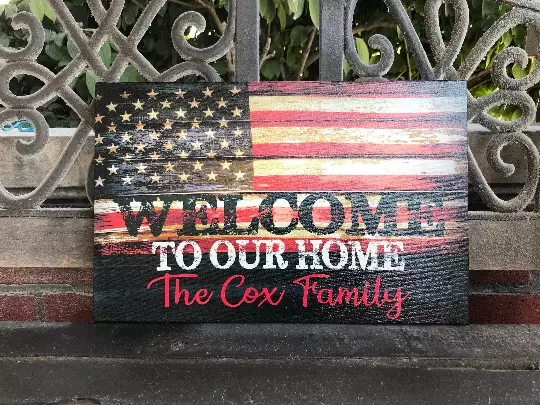 Patriotic Valentine Gift, PERSONALIZED Rustic American Flag Canvas, Welcome Sign