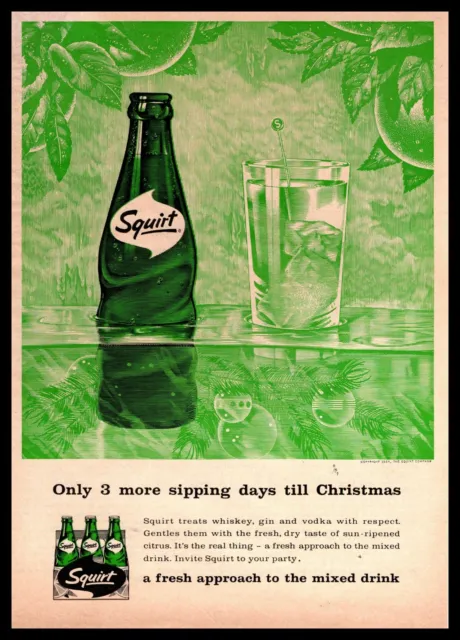 1964 Squirt Soda Bottle 6-Pack "3 More Days Till Christmas" Mixed Drink Print Ad