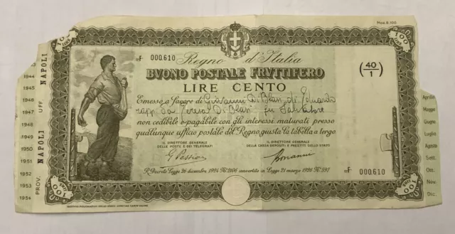 Buono Postale Fruttifero Lire 100 del 1944 Seminatore con Fascio Mod B 100 Orig.