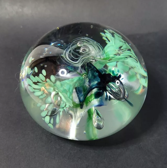 Studio Art Glass Paperweight Hand Blown Artist Signed Blue and Green