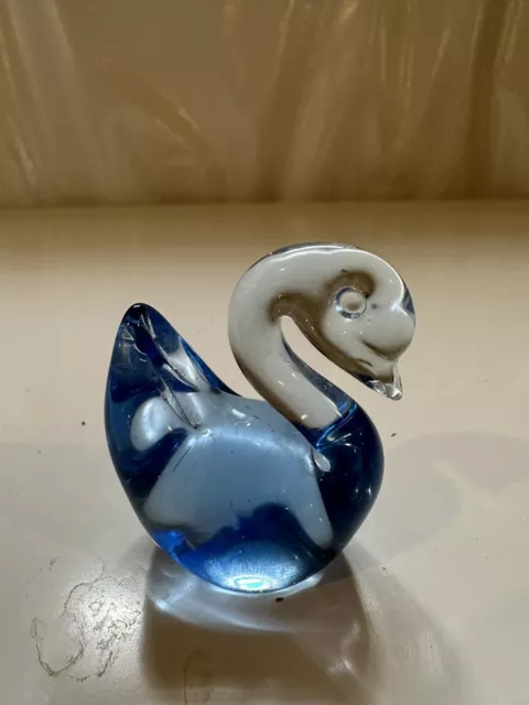 Vintage Crystal Blue Art Glass Swan Figurine Paperweight