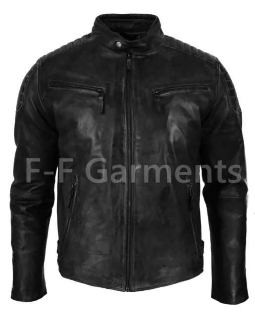 Mens Vintage Biker Style Moto Biker Cafe Racer Black Leather Jacket