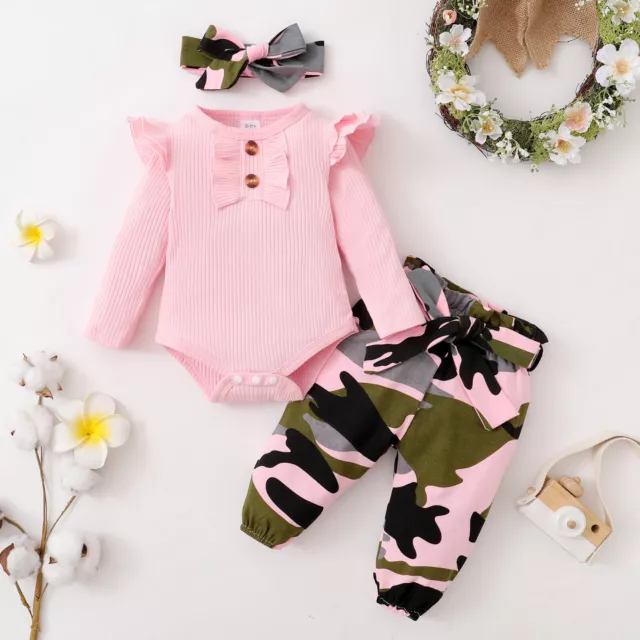 Newborn Baby Girls Outfits Ruffle Romper Tops Camo Pants Tracksuit Set Clothes