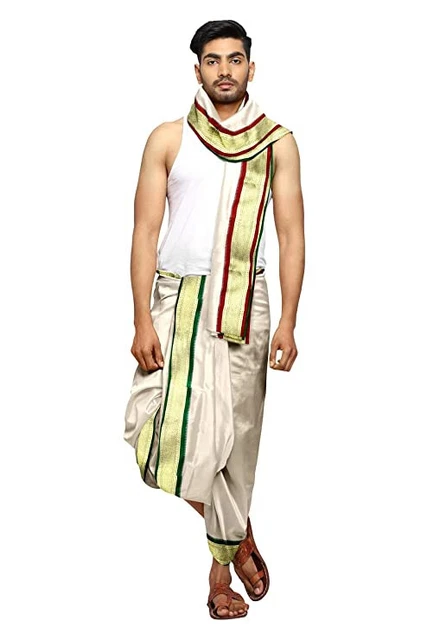 Fabrics Men's Dhoti khandwa Angwastra Set silk Mundu Vest South pooja wedding