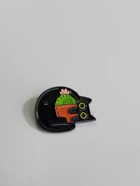 Cartoon Black Cat With Big Eyes And Potted Plant Lapel Pin