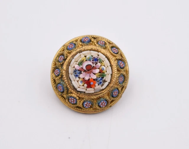 Broche Ancienne Micro Mosaïque - Décor Floral, Pièce De Collection Ou Objet Décoratif