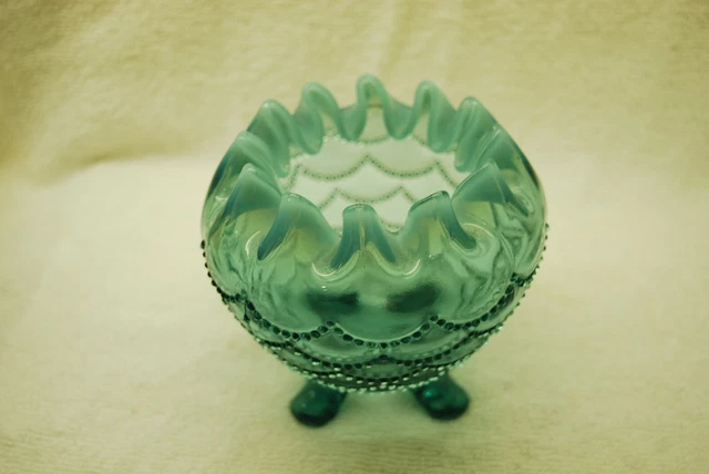 Great Victorian Northwood Eapg Blue Opalescent Beaded Glass Drape Rose Bowl 1905