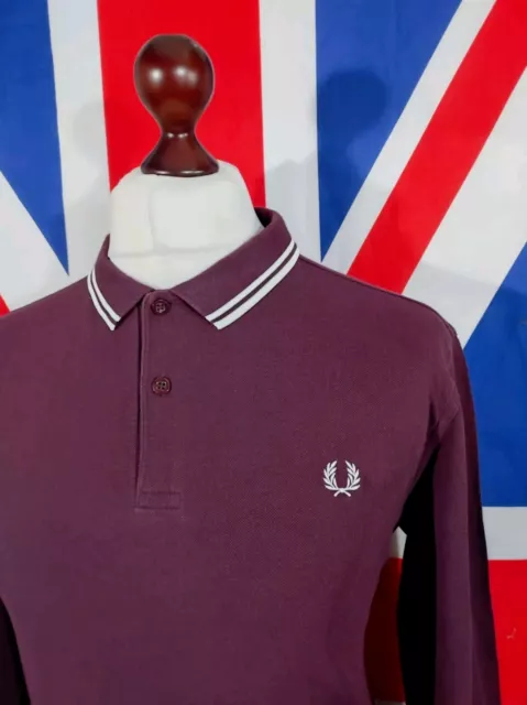 Polo doppia punta Fred Perry a maniche lunghe - XL/2XL - Borgogna - Mod Casuals anni '60