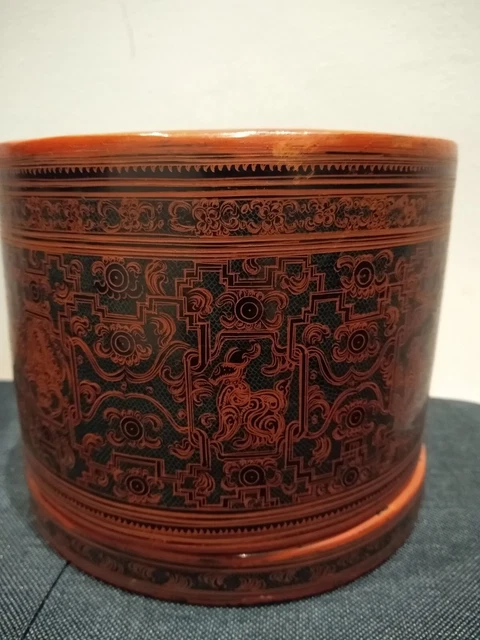 Burmese Asian Orange Lacquer Betel Nut Box RARE Zodiac and Maker Inscription 24