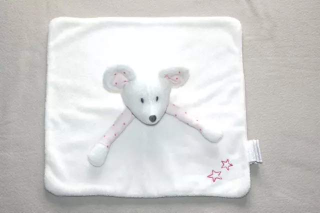 Obaibi Okaidi Doudou Souris Plat Blanc Rose Etoiles Roses Tres Bon Etat