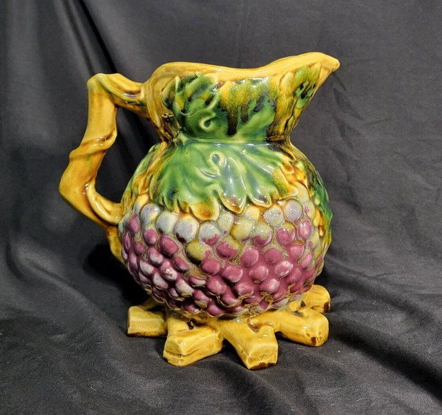 Late 20th Century, Hand Painted, Majolica Inspired, Decor Pitcher 7"Wx9"Dx8.38"H