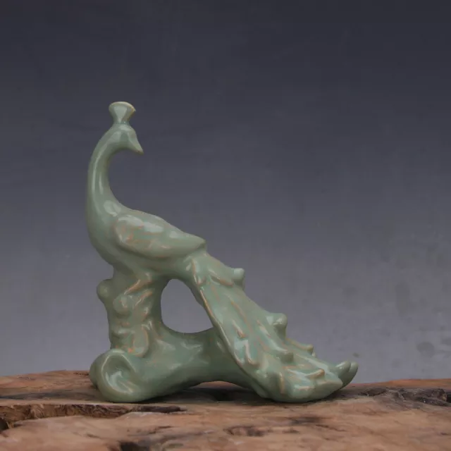 Chinese Porcelain Song Dynasty Ru Kiln Celadon Glaze Peacock Statues 5.9''