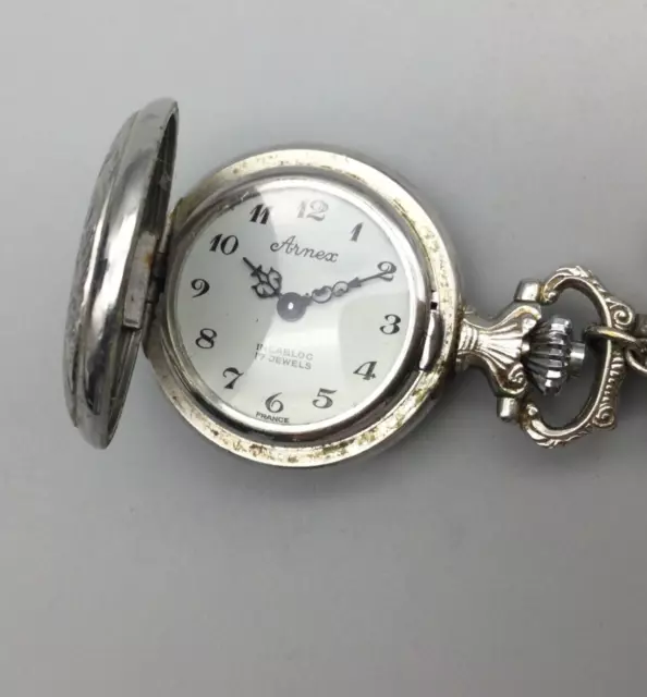 Vtg Arnex Pocket Watch Necklace Women 26mm Silver Tone Swiss Manual Wind 24"