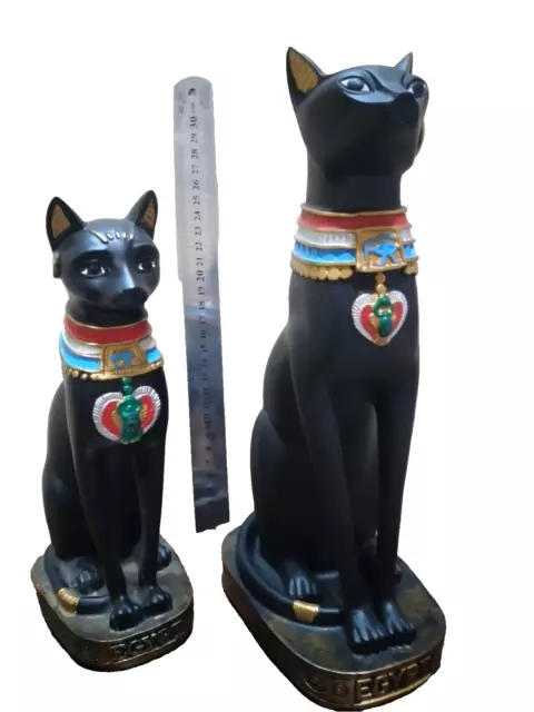 Set Of 2 Goddess Bastet Cat Isis EGYPTIAN ANTIQUE Statue Heavy Solid Stone