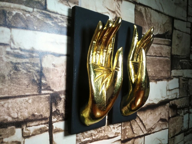Vintage Pair Wood Hand Gold Art Craved Buddha Wall Hanging Sculpture Home Decor