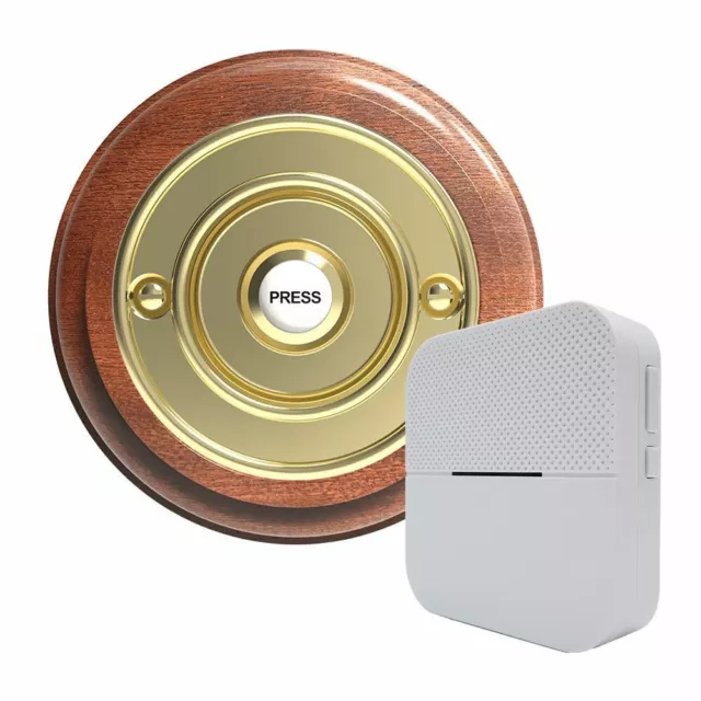 Traditional Round Wireless Doorbell in Mahogany and Brass