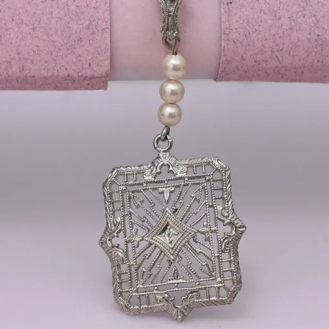 Antique Art Deco 10k White Gold Filigree Diamond Pearl Lavaliere Pendant