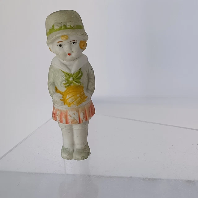 Vintage 1920's Miniature  Bisque Japan Frozen Charlotte Girl Doll Holding Ball