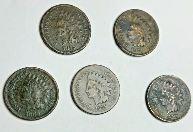 Lot of (5) Indian Head One Cent 1C Coins, SEMI-KEY Dates, 1865 1875 1879 1880