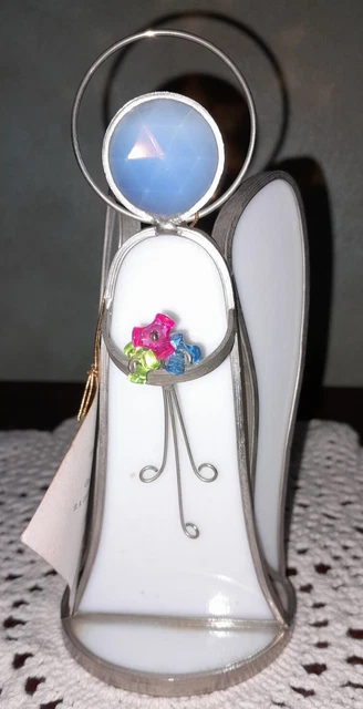 VTG Stained Glass Angel Figurine Holding Bright Flowers Candle Holder Tealight