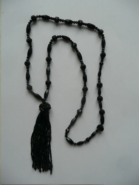 Collier Ancien En Perles De Jais Noir - Bijou Vintage, Occasion