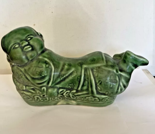 Chinese Green Glaze Porcelain Girl Tongzi Flowers Statue Pillow Headrest