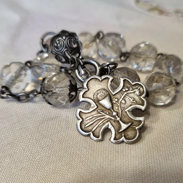 Bracelet Dizainier En Argent Massif 925/1000 Avec Perles De Verre Facetté Rouge - XIXe Siècle, Occasion