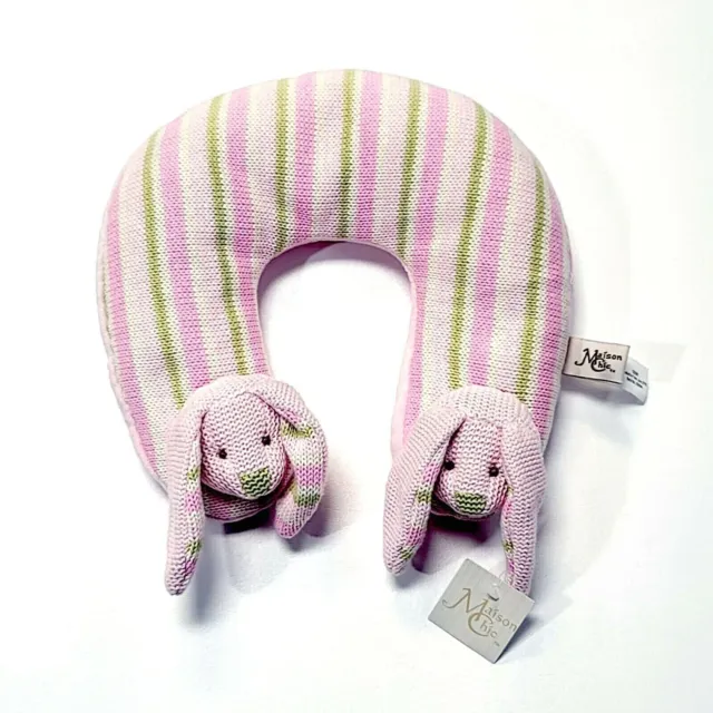 Maison Chic Knit Pink & Green Bunny Travel Neck Pillow Infant Baby Head Support