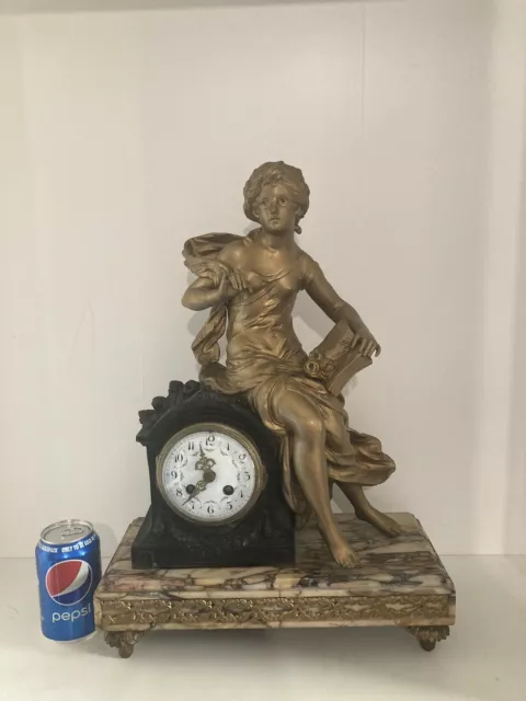 Antique French Gilt And Marble Figural Mantle Clock