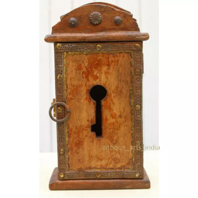 Wall Mounted Key Holder Hand Crafted Brass Fitted Wooden Key Holder with 2 hooks