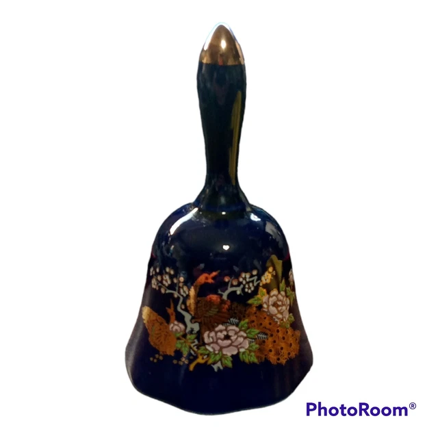 Japanese Ceramic Bell Colbalt Blue with Gold Accent Peacock Hand Painted Floral